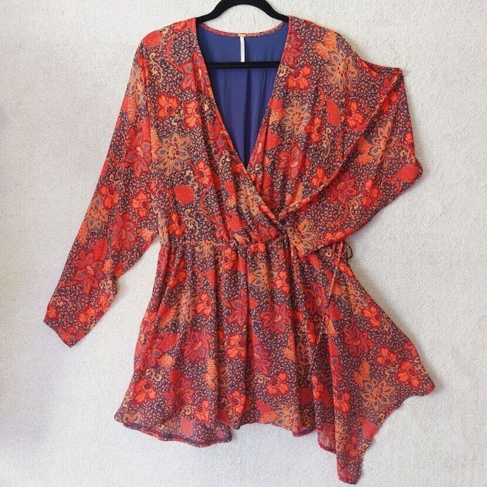 Free People Teegan Boho Mini Dress Peach & Blue Whimsical Fairycore Hippie